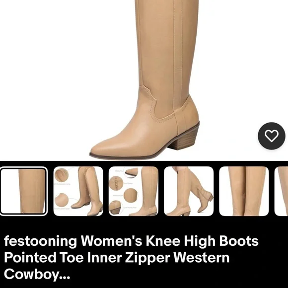 NWT Tan Knee-High Cowboy Boots / Vegan Leather / Faux Leather - Picture 4 of 17